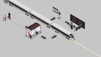 Wall Mural - railway set with isolated images of trains and passengers isometric 3d animation cartoon