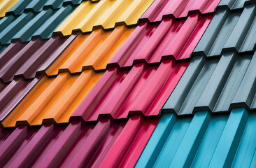 a multicolored roof with a variety of colors of metal sheets on it's sides and a red, yellow, blue, green, orange, pink, and purple, and orange roof