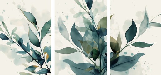 Wall Mural - Abstract Green Leaf Design on White Background, Featuring Simple Line Art with Soft Watercolor Splashes. Set of Three Posters with Minimalist and Elegant Floral Illustrations.