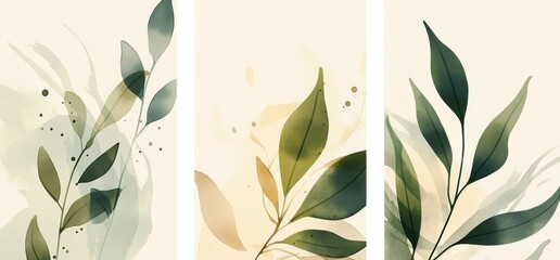 Wall Mural - Abstract Green Leaf Design on White Background, Featuring Simple Line Art with Soft Watercolor Splashes. Set of Three Posters with Minimalist and Elegant Floral Illustrations.