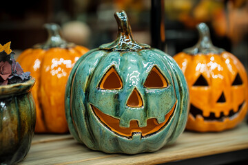 Wall Mural - Kids carving pumpkins at a Halloween event generative AI
