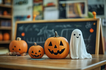 Wall Mural - Kids carving pumpkins at a Halloween event generative AI
