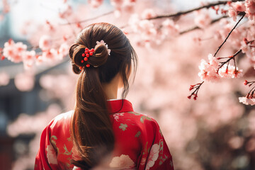 Wall Mural - Portrait of a happy female at sakura blooming tree garden in the morning generative AI