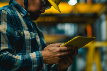 Wall Mural - Portrait of factory employee in front of industrial machinery generative AI