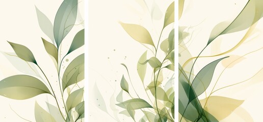 Wall Mural - Abstract Green Leaf Set in Vector Illustration, Hand-Drawn Line Art on White Background. Three Vertical Canvases with Different Leaf Angles