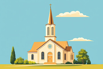 Canvas Print - A classic church with tall steeple stands against bright blue sky