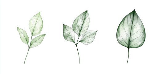 Wall Mural - Abstract Green Leaf Set in Vector Illustration, Hand-Drawn Line Art on White Background. Three Vertical Canvases with Different Leaf Angles