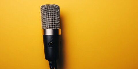 Wall Mural - Vintage Microphone against a Bright Yellow Background Generating Warm and Nostalgic Atmosphere