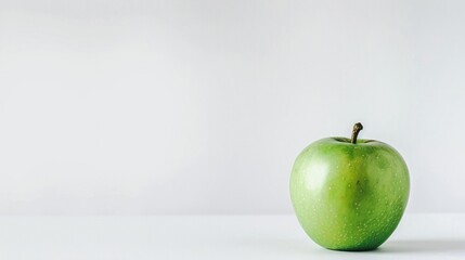 Closeup of a single fresh crisp and juicy green apple on a plain white background with ample copy space  Healthy natural organic produce concept