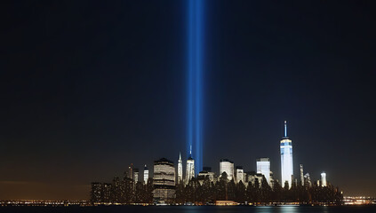 Wall Mural - nighttime view new york city shows beams light remembrance september illuminating sky