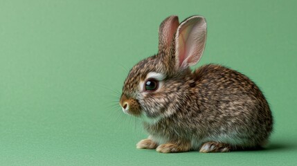 A tiny dwarf rabbit resting on a soft pastel green background, its ears perked up