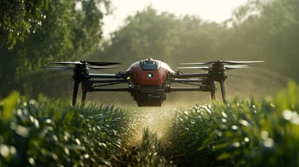 Futuristic AI-driven farming equipment using drones to distribute water and fertilizer: Autonomous systems analyzing crop health and delivering water or fertilizer where needed.