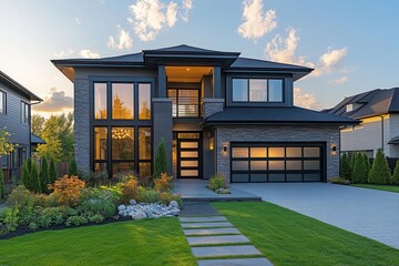 impressive modern suburban home exterior bathed in warm sunlight featuring a grand threecar garage manicured lawn and clear blue sky with wisps of white clouds