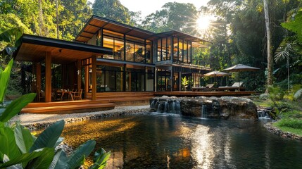 02090130 50 Malaysian rainforest villa, contemporary countryside home with eco-friendly design and natural materials, surrounded by dense tropical forest and a private stream, bright morning sun