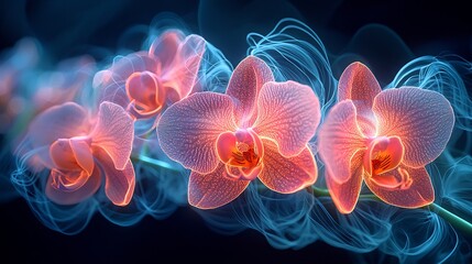 Wall Mural - Semiabstract orchid with its petals dissolving into neon spirals intertwined with flowing glowing green vines symbolizing elegance and growth