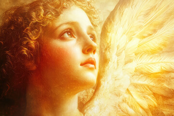 Wall Mural - A close up of an angelic figure with golden light illuminating face and wings