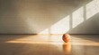 © filmanana - Sunlit basketball on indoor court with wooden floor and brick wall background