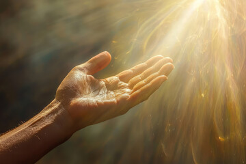 Wall Mural - A close up of hand reaching out towards radiant light, symbolizing hope and connection