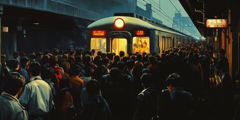 Wall Mural - A crowd gathers around a train at a station.