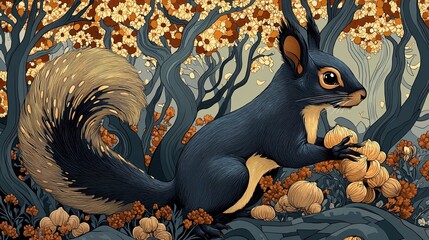 a playful art nouveau illustration of a squirrel gathering nuts amidst a forest of stylized trees wi