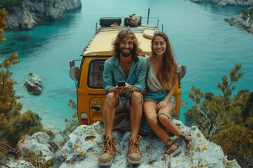 Couple relaxing on a rock by a turquoise bay with a vintage van during a sunny summer day in a coastal paradise