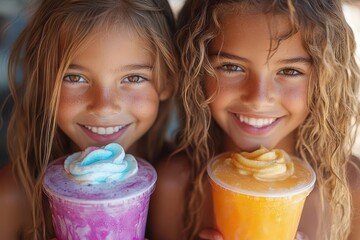 Wall Mural - joyful children hold oversized colorful drinks one topped with swirling whipped cream gleeful expressions and bright setting capture essence of summer fun youthful exuberance radiates