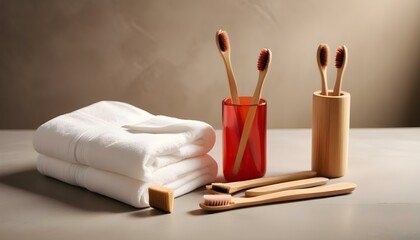 Poster - Eco toothbrushes. Bamboo toothbrushes cup, natural soap, plastic free ear sticks, wooden hair brush and white towels on gray stone background