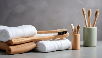 Wall Mural - Eco toothbrushes. Bamboo toothbrushes cup, natural soap, plastic free ear sticks, wooden hair brush and white towels on gray stone background