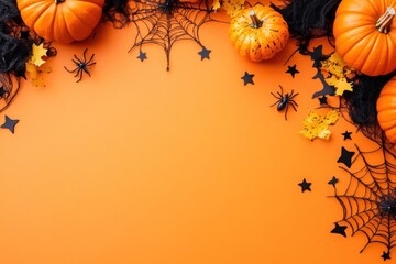 Sticker - Halloween background with pumpkins halloween spider orange.