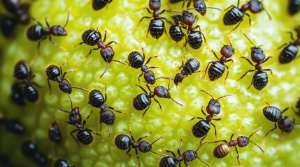 A close-up shot of ants on a green surface. This photo shows the intricate details of ant anatomy and their behavior in a natural setting.