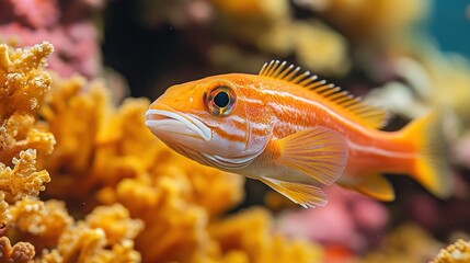 Vibrant orange fish swimming near colorful coral reef.