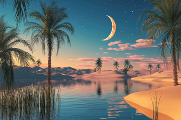 A serene desert oasis with palm trees and shimmering moonlit sky