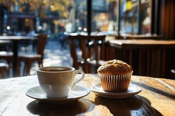 Coffee and muffin on a table. Perfect for showcasing a coffee shop or cafe setting.