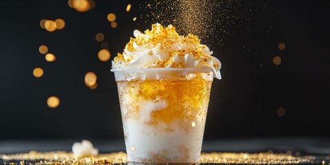 Canvas Print - Golden flakes on iced drink with whipped cream.