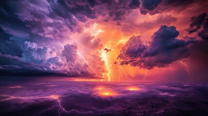 Wall Mural - A dramatic, surreal thunderstorm where the sky is split by bolts of lightning in vivid orange and deep purple. The clouds roil and swirl in dark shades 