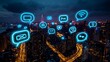 © Raitalinn - Bright neon social media icons light up the night sky over a bustling cityscape.