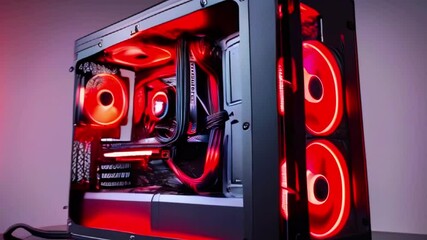 Canvas Print - Modern computer case with red LED lighting and visible internal components.