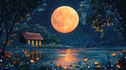 Wall Mural - *a finely decorated orange moon. the background is a calm lake with water, beautiful flowers, a drea