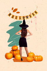 Wall Mural - Vertical photo collage of anonym wizard girl stand back pumpkin halloween garland decor autumn festive isolated on painted background