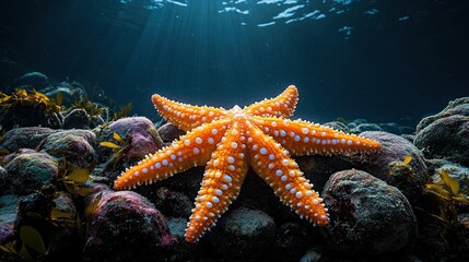 Vibrant orange starfish resting on rocky ocean floor with sunlight.