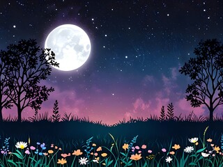 Sticker - Night Sky with Moon, Stars, and Flowers