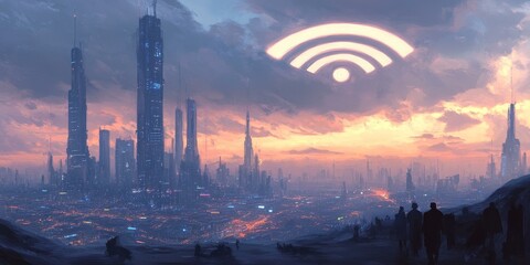 Wall Mural - Futuristic city skyline with wifi symbol in sky.