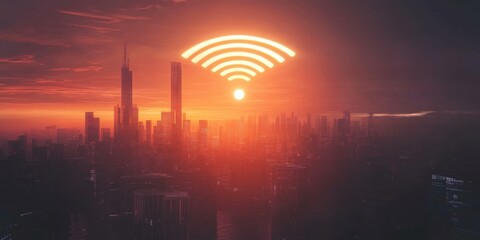 Wall Mural - A glowing Wi-Fi symbol above a cityscape at sunset.