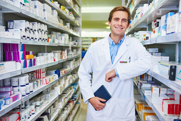 Poster - Pharmacist, confident and portrait in store for medicine, inventory and trust with healthcare service. Happy man, notebook and shelf in pharmacy for wellness prescription, pills and health supplement