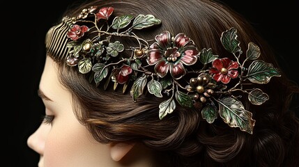 An Art Nouveau hair comb adorned with stylized flowers and leaves, its intricate design complementing a woman's flowing hairstyle.