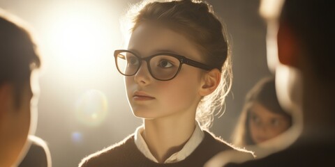 Wall Mural - a girl with glasses stands out in a group. the soft lighting highlights her thoughtful expression. t