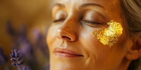 Wall Mural - Woman with gold leaf on cheek, eyes closed.