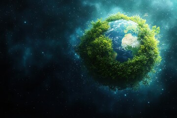 Wall Mural - majestic earth floating in space lush green continents surrounded by vibrant blue oceans with delica