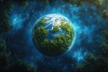Wall Mural - majestic earth floating in space lush green continents surrounded by vibrant blue oceans with delica