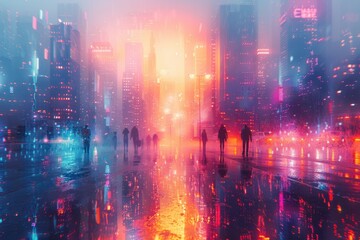 Vibrant cityscape at dusk showcasing silhouettes of people amidst illuminated skyscrapers and colorful reflections on wet pavement